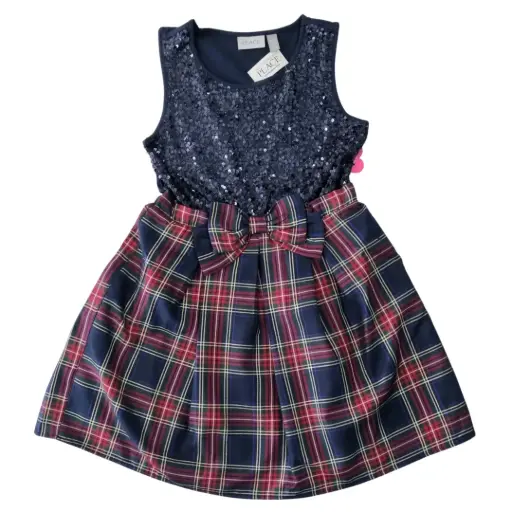 Vestido escotado con lentejuelas azul marino y cuadriculado, talla 8