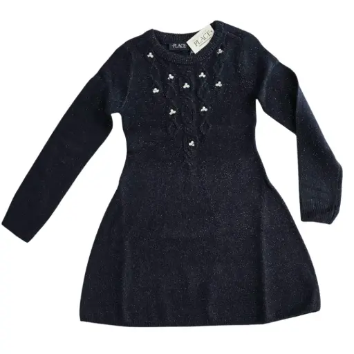 Vestido manga larga azul marino con brillo, tela gruesa, talla 8 