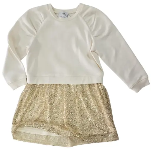 Vestido manga larga ivory y dorado, talla 8 