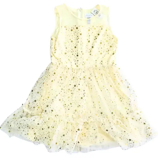 Vestido escotado ivory con brillos dorados, talla 8 