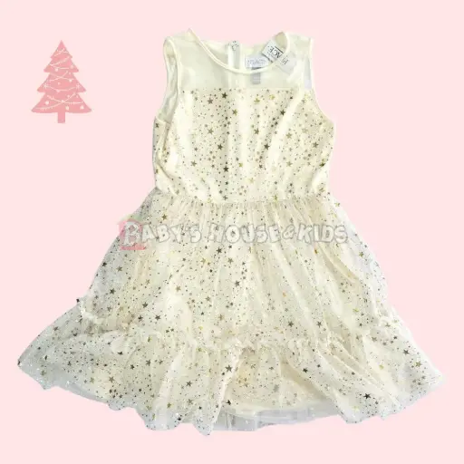 Vestido escotado ivory, tela tul con brillos dorados, talla 8 