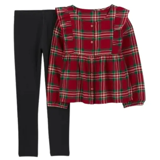 Blusa manga larga cuadriculada y legging negra, talla 8 