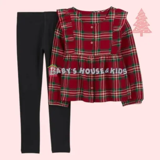 Blusa manga larga cuadriculada y legging negra, talla 8 