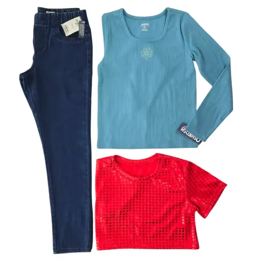 Camisa manga larga de algodón, camisa corta roja con brillo y Jeans rectos, talla 8 