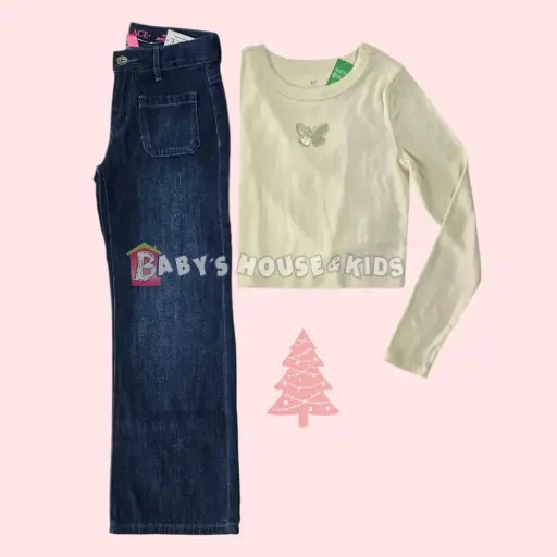 Manga larga ivory de algodón y Jeans anchos, talla 8