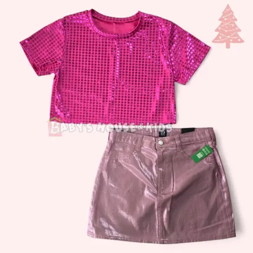 Blusa brillante talle corto y falda brillante, talla 14