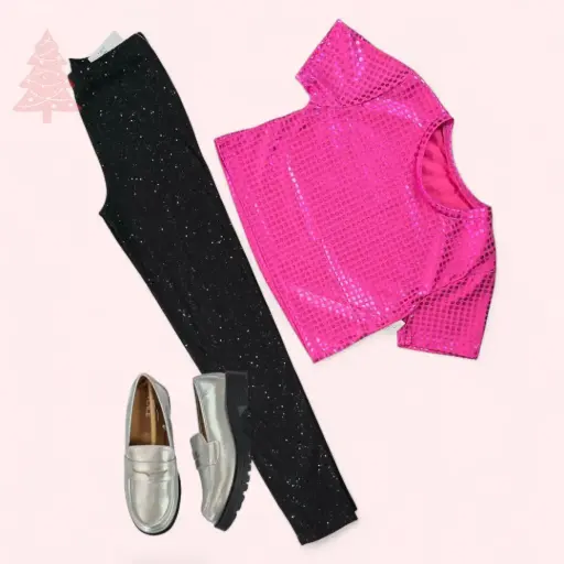 Blusa talle corto y pantalón imitación cuero, talla 16