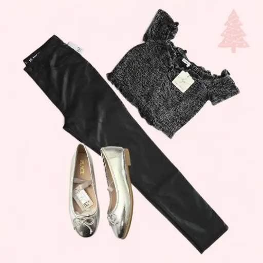 Blusa talle corto y pantalón imitación cuero, talla 16