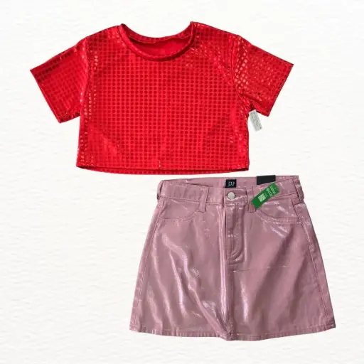 Blusa con brillos, talle corto y falda  brillante, talla 12