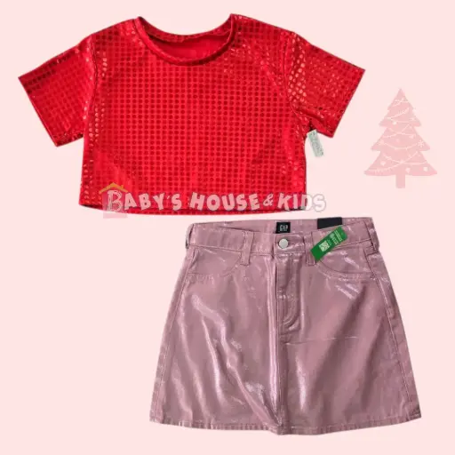 Blusa con brillos, talle corto y falda  brillante, talla 12