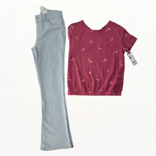 Blusa ocre manga corta y jegging gris, talla 12