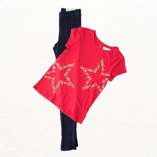 Camisa roja de algodón y jegging azul marino con aberturas en los tobillos, talla 12