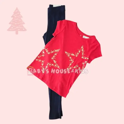 Camisa roja de algodón y jegging azul marino con aberturas en los tobillos, talla 12