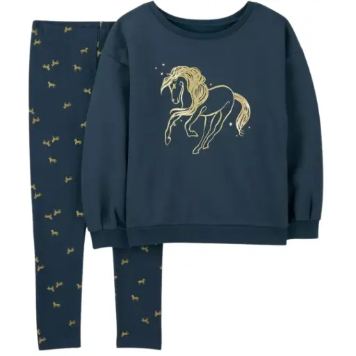 Camisa tipo suéter y legging, ambos con print dorado, talla 7