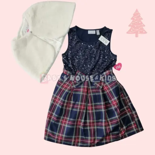 Vestido azul marino con lentejuelas y cuadriculado + abrigo peludo, talla 7