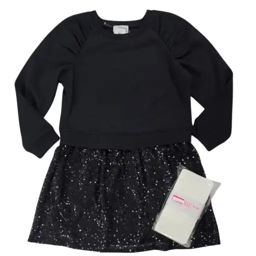 Vestido estilo suéter en la parte superior y tela brillante en la parte inferior, talla 7