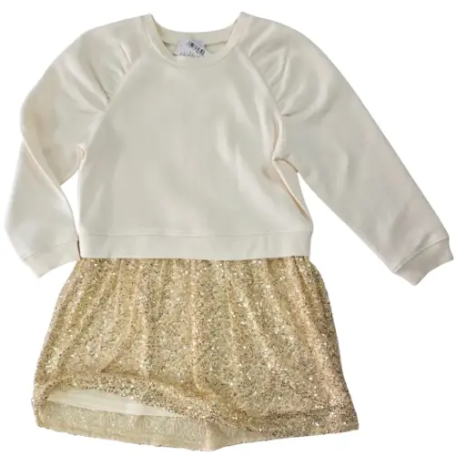 Vestido estilo suéter en la parte superior y brillante dorada la parte inferior, talla 7