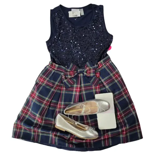 Vestido azul marino con lentejuelas en la parte superior y cuadriculado en la parte inferior, talla 7