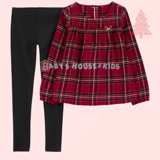 Blusa manga larga cuadriculada y legging negra, talla 7