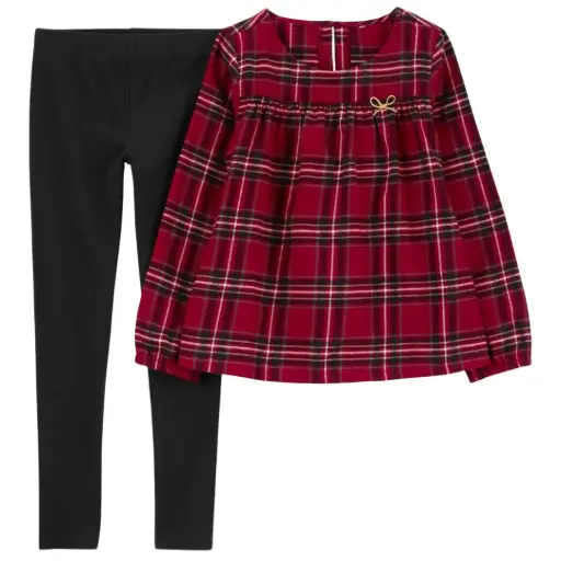 Blusa manga larga cuadriculada y legging negra, talla 7