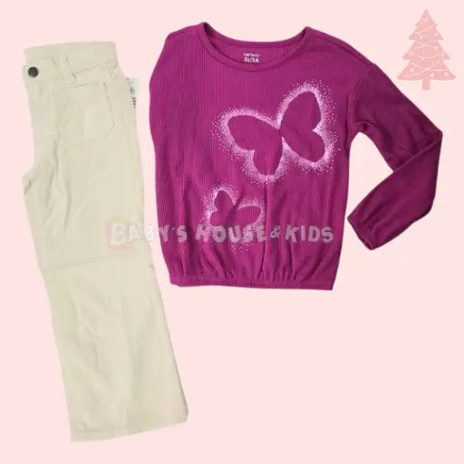 Camisa tipo suéter y pantalón rosa ancho, talla 5t 