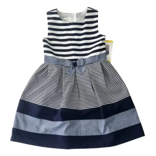 Vestido escotado azul marino y blanco, talla 4t 