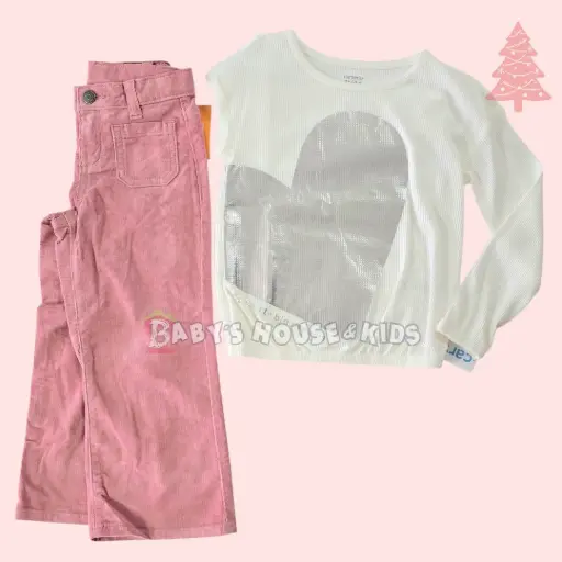 Blusa manga larga con corazón plateado y pantalón ancho rosa, talla 4t 