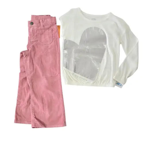 Blusa manga larga con corazón plateado y pantalón ancho rosa, talla 4t 