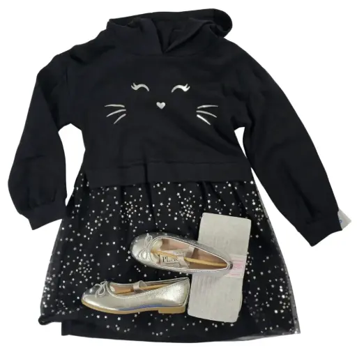 Vestido con gorro, cara de gatita en la parte superior y brillo en la inferior, talla 4t 