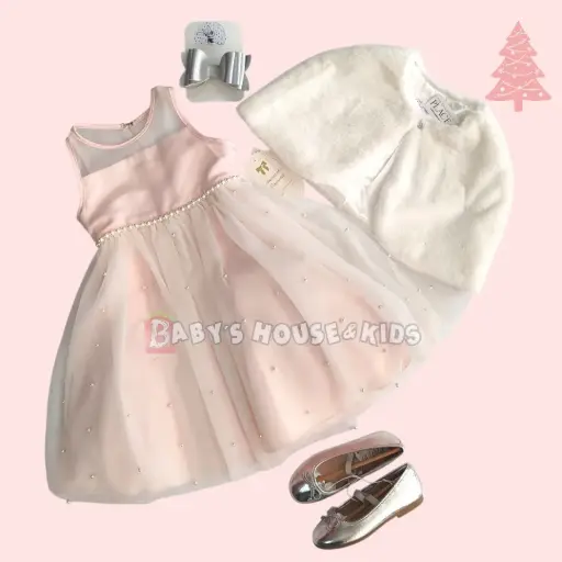 Vestido con forro interior, con perlas en la parte inferior y abrigo peludo, talla 4t 