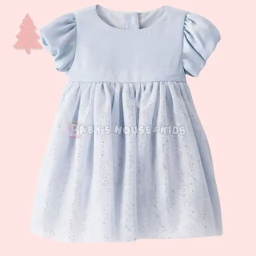 Vestido azul celeste claro de satín con forro interior, en la parte inferior con brillos, talla 18 meses 