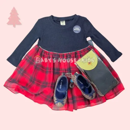 Vestido manga larga azul marino y rojo cuadriculado, talla 18 meses 