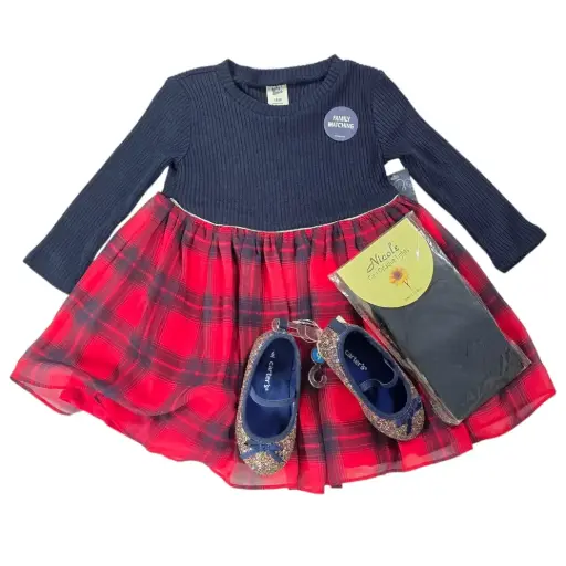 Vestido manga larga azul marino y rojo cuadriculado, talla 18 meses 