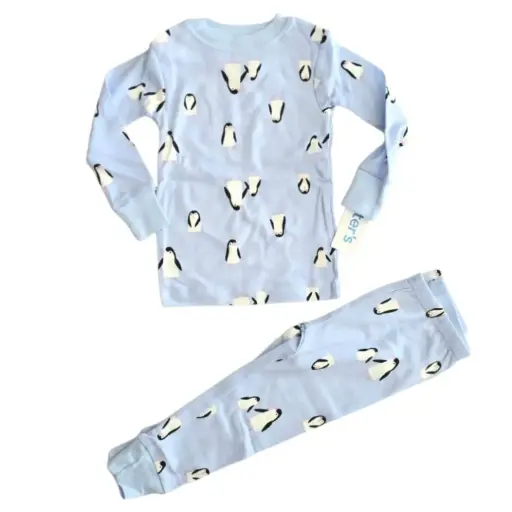 Pijama manga larga de algodón, celeste de pingüinos, talla 18 meses 