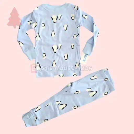 Pijama manga larga de algodón, celeste de pingüinos, talla 18 meses 