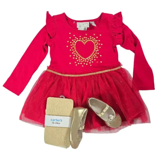 Mameluco manga larga con tutú con brillos dorados, talla 18 meses 