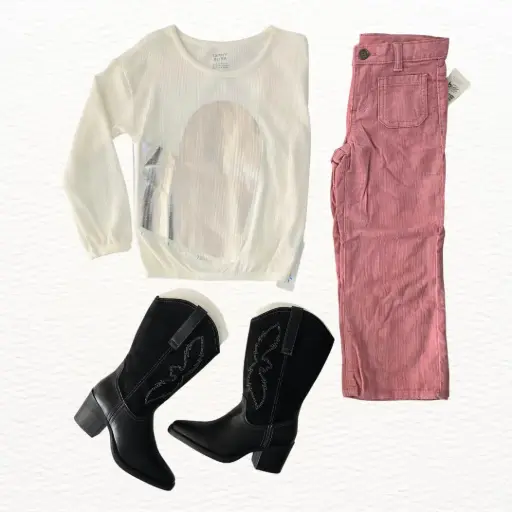 Blusa manga larga con corazón plateado y pantalón rosa ancho, talla 5t