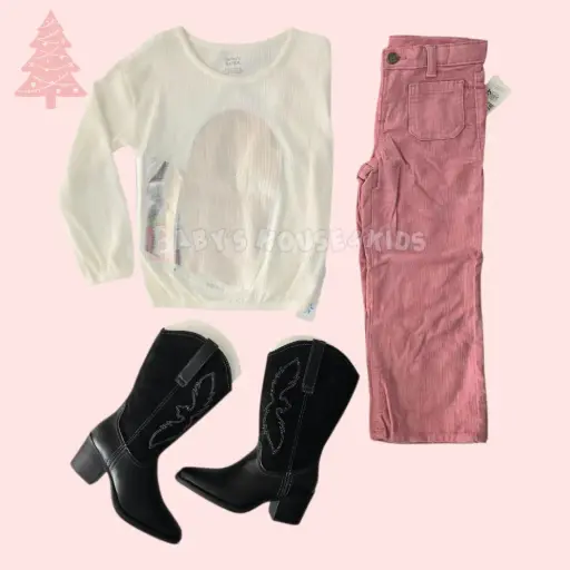 Blusa manga larga con corazón plateado y pantalón rosa ancho, talla 5t