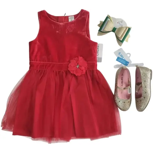 Vestido rojo de pana y tul, talla 3t 