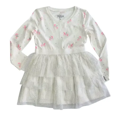 Vestido manga larga con unicornios y tul con tul con brillos plateados, talla 3t 